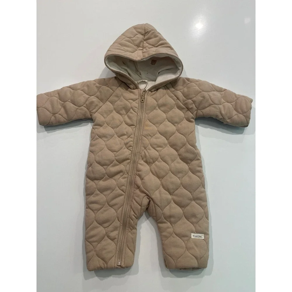 Fixoni Baby Quilted Pram Suit Hooded Bunting NEW Beige Squirrel Print 0-3m